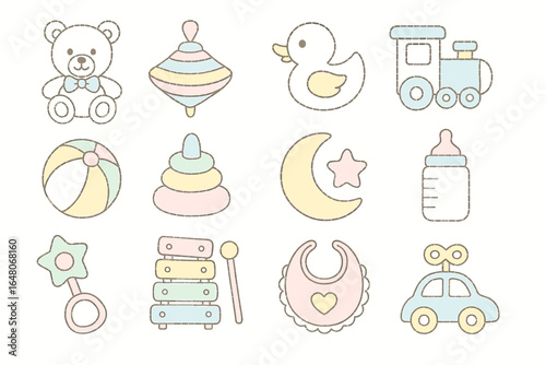 Pastel baby toys and accessories set featuring teddy, duck, and more