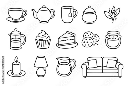 Tea and sweets line art collection with home decor elements