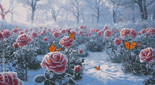 Mesmerizing Winter Garden Bloom Frost-Kissed Red Roses and Graceful Butterflies in a Dreamlike Snowy Forest Landscape.