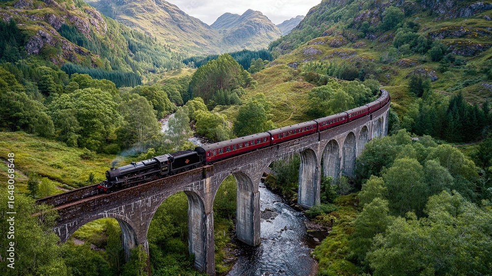 Obraz premium A train crossing a bridge in Scotland’s Highlands winds through misty valleys and rugged landscapes, blending travel with natural beauty. 
