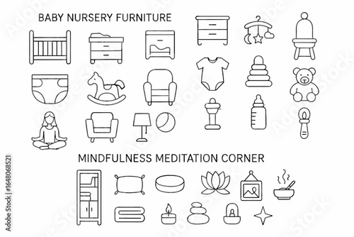 Baby nursery furniture and mindfulness meditation corner line icons