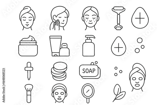 Skincare routine icons: essential beauty and self-care tools