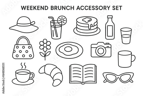 Weekend brunch accessory set: hat, drinks, pancakes, bag, camera, sunglasses