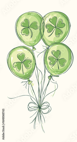 A festive hand-drawn bunch of green balloons with shamrock clovers, a whimsical watercolor sketch for St. Patrick's Day celebration.
