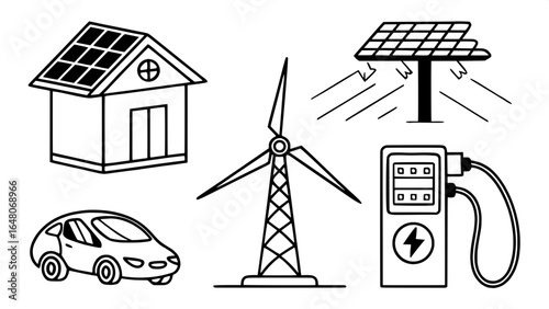"Outline style clean energy symbols: solar roof, wind blade, hydrogen fuel pump, EV connector, smart grid tower."