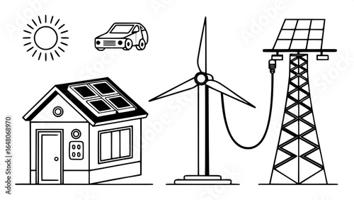 "Outline style clean energy symbols: solar roof, wind blade, hydrogen fuel pump, EV connector, smart grid tower."