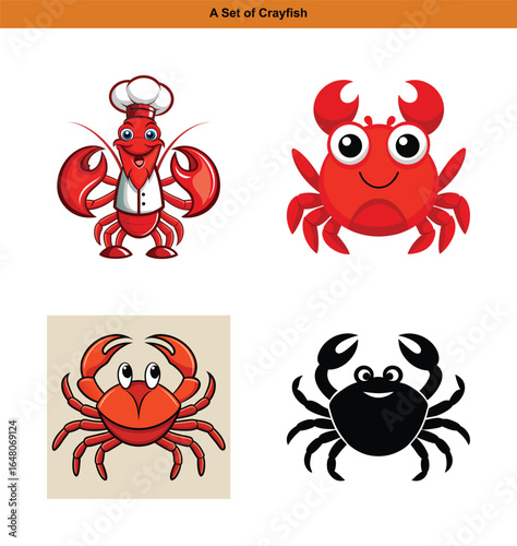 A whimsical collection of cartoon crabs and a crayfish chef character