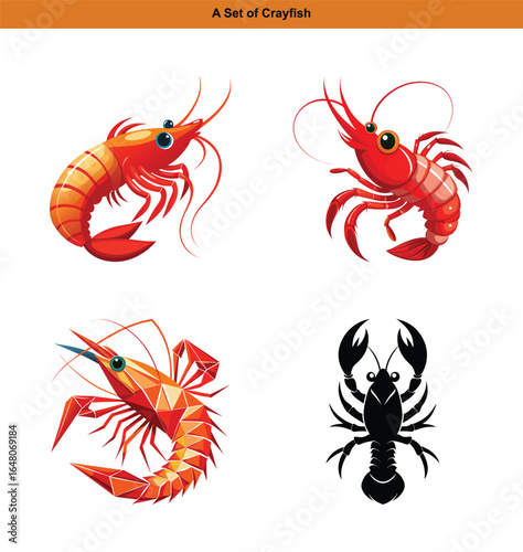 A vector illustration depicting four different artistic styles of crayfish