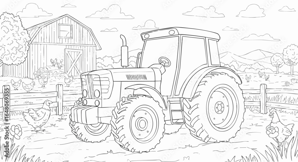 Obraz premium Farm tractor scene A detailed black and white illustration of a tractor with a barn and chickens