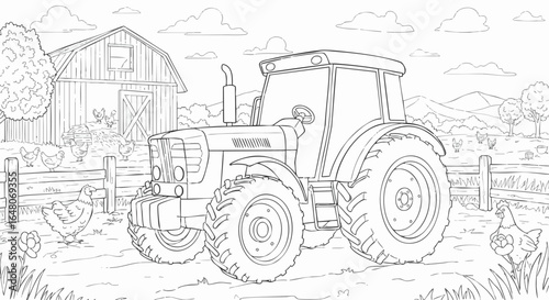 Farm tractor scene A detailed black and white illustration of a tractor with a barn and chickens