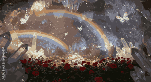Magical Garden Fantasy Rainbows, Crystals, and Butterflies in a Dreamlike Illustration