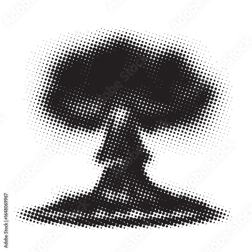 Vector pixelated nuclear explosion mushroom cloud with halftone effect. Suitable for anti-war posters on nuclear war and pollution. No AI used