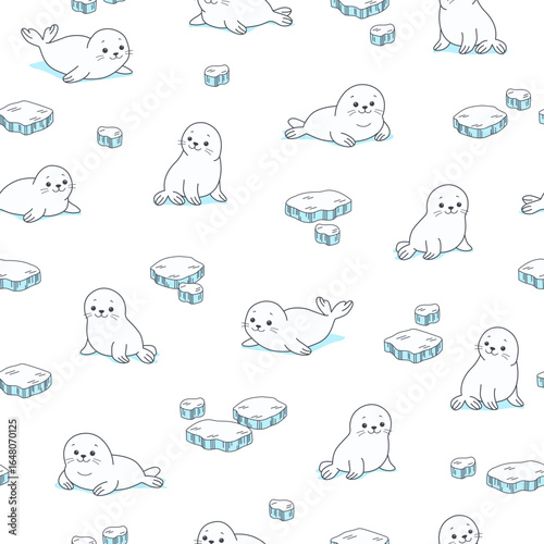 Seamless vector pattern with cute baby seals, ice floes on white background, arctic marine animals minimal winter design for textile print packaging wallpaper fabric children decor, adorable nature