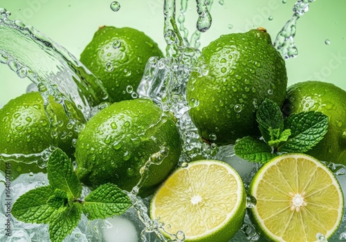 Fresh limes with water splash and mint leaves on ice, refreshing citrus fruit