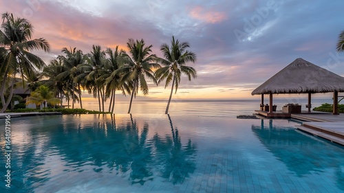 Tropical Beach Resort Sunrise – Ultra-Realistic Travel Photography of Palm Trees, Infinity Pool, and Thatched Pavilion in a Tropical Paradise