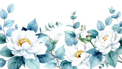 Delicate floral border with white peonies and eucalyptus