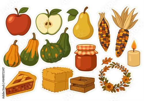 Autumn harvest sticker set with apples, pears, gourds, corn, pie, jam, candle, hay bale, crate, and floral wreath.