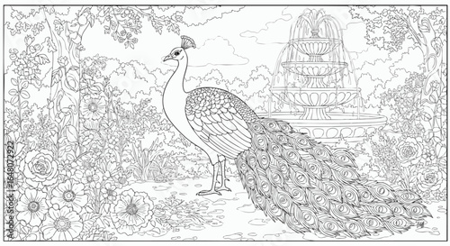 Beautifully detailed coloring page illustration of an elegant peacock in a blooming garden with a decorative fountain