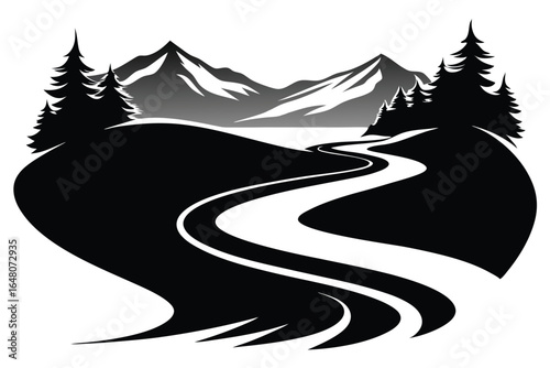 Monochrome Landscape Winding Road Through Hills with Mountain and Pine Tree Silhouettes