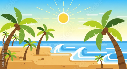 Tropical Beach with Palm Trees, Sun, and Ocean Waves A Paradise Vacation Escape Scene