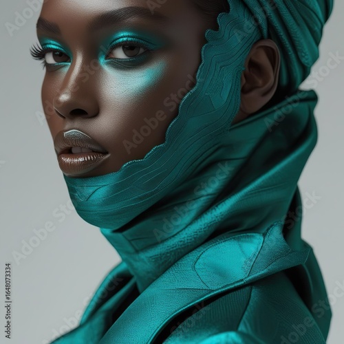 Close-up portrait of a dark-skinned woman with transformative teal makeup and fabric, intricate textures, dramatic lighting, glossy lips, intense gaze, high fashion, artistic and futuristic style.