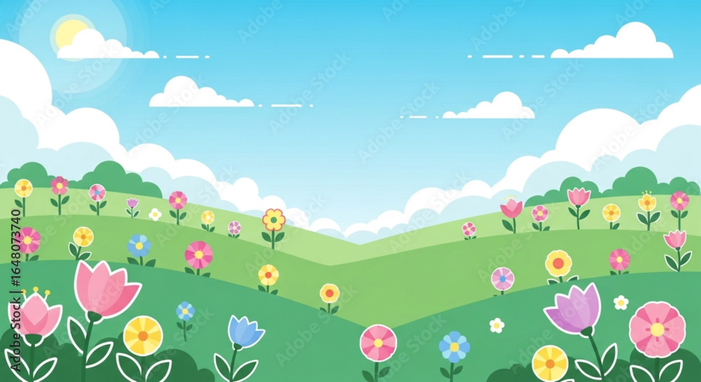 Idyllic Spring Meadow Scene with Brightly Colored Flowers and Rolling Green Hills Idyllic Spring Meadow Scene with Brightly Colored Flowers and Rolling Green Hills