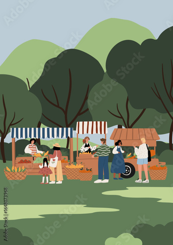 Illustration of multicultural people at summer farmer market as adults women men child African American and European shop for vegetables at stalls in green park. Flat vector illustration.