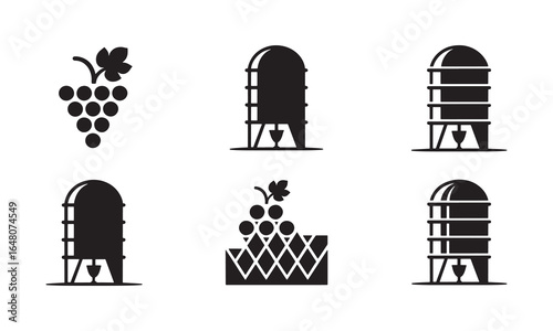 Wine Barrel and Grape Silhouette Icons for Winery and Vineyard Design