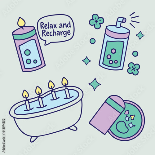 Calming self care and skincare sticker bundle featuring candles and botanical elements in vibrant cmyk colors
