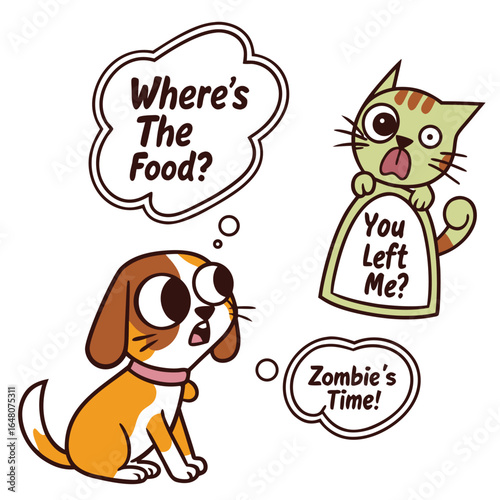 Whimsical pet thoughts sticker set featuring food cravings and playful expressions for digital and print applications