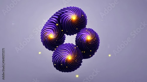 Dynamic purple spirals with golden sparks in three-dimensional space