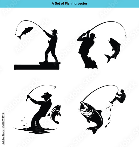 Silhouettes of people fishing and struggling with caught large fish collection