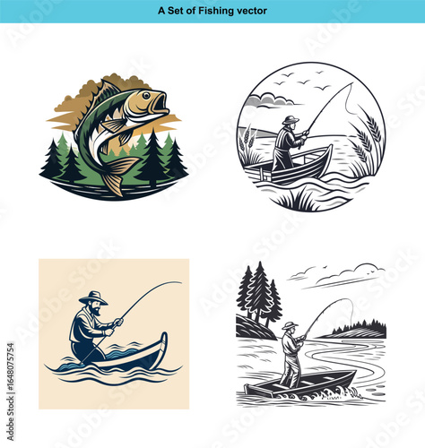 Four different fishing vector illustrations showcasing different styles and approaches