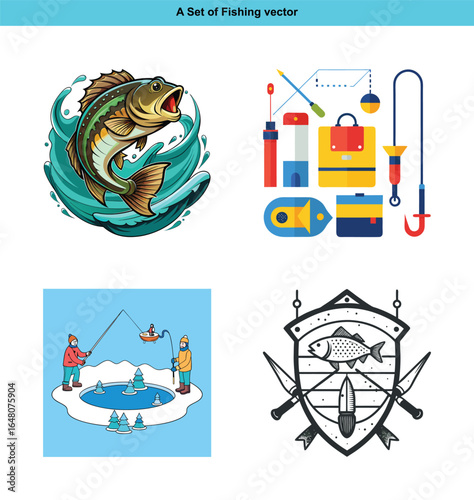 Set of fishing themed vector illustrations featuring bass, ice fishing, and equipment