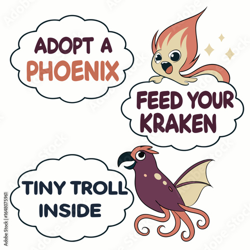 Mythical creature adoption stickers featuring a majestic phoenix design with vibrant colors and classic typography for a whimsical appeal