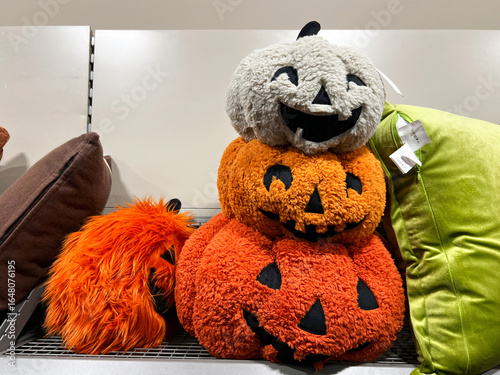 Plush pumpkin decorations for Halloween display