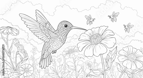 Hummingbird and Flowers Coloring Page Detailed Illustration for Adults
