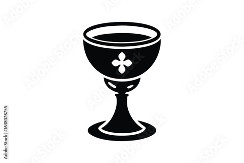Elegant Black Chalice with Floral Emblem, Liturgical Vessel, Religious Symbol Illustration