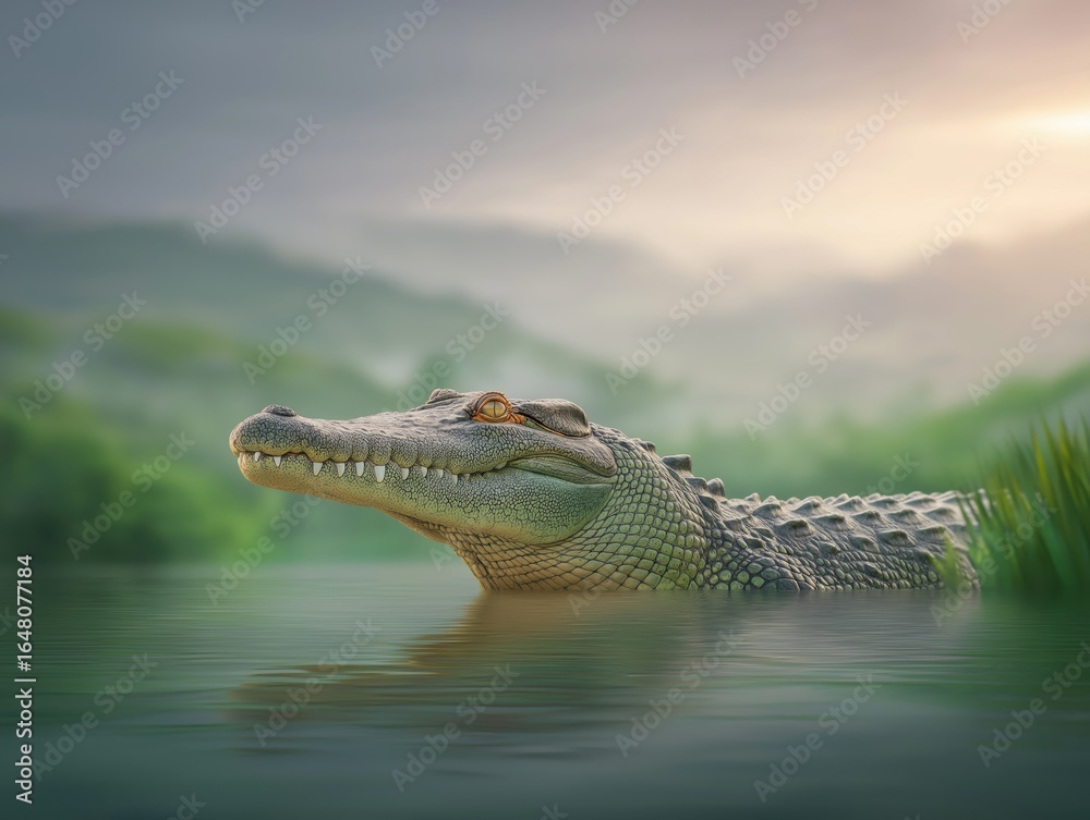Naklejka premium Large crocodile emerging from calm water, surrounded by lush greenery and misty mountains, showcasing the beauty of wildlife in a serene natural habitat