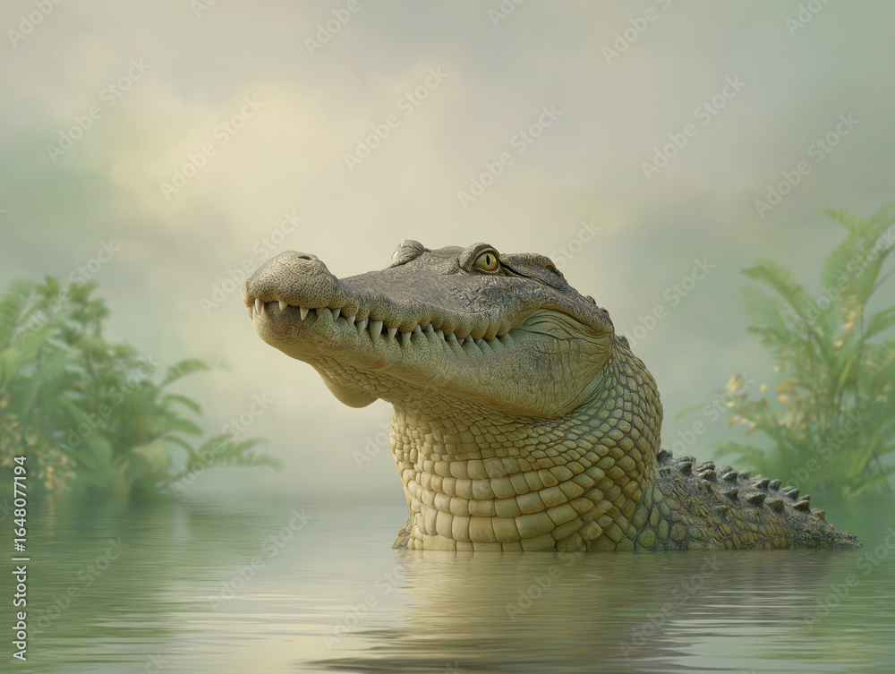 Obraz premium Large crocodile emerging from calm water, surrounded by lush greenery and soft mist, showcasing the beauty of wildlife in a serene natural habitat