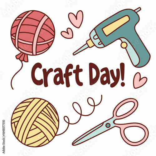 Crafting supplies sticker pack featuring a glue gun scissors and yarn ball for creative projects