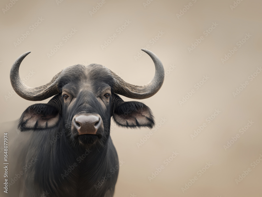 Naklejka premium Majestic black buffalo with large curved horns stands confidently against a soft, blurred background, showcasing its powerful presence and natural beauty in a serene environment