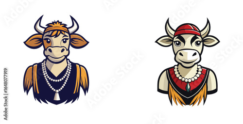 Retro 1920s Cow Logo with Fringe Dress and Feather Headband Vector Design
