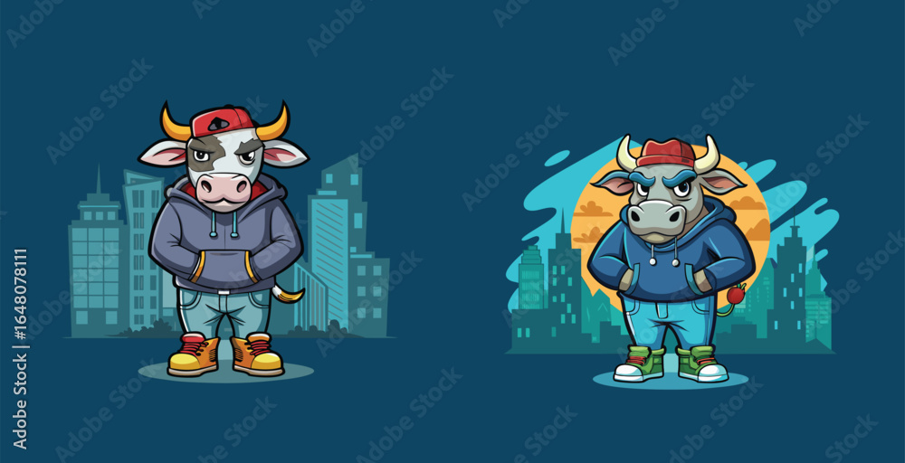 Fototapeta premium Streetwise Cow Wearing Baggy Jeans and Sneakers Vector Illustration Cityscape Background
