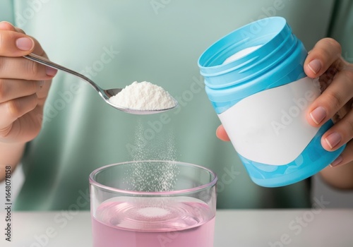 Woman adding collagen powder to a pink drink in a glass