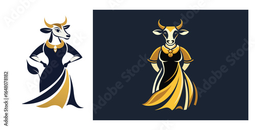 Stylish Cow Wearing Gold Embellished Designer Gown Dress  Vector Logo Design