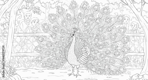 Enchanting scene featuring a majestic peacock in full display, watched by an admiring crowd in a park, designed as a delightful coloring page.
