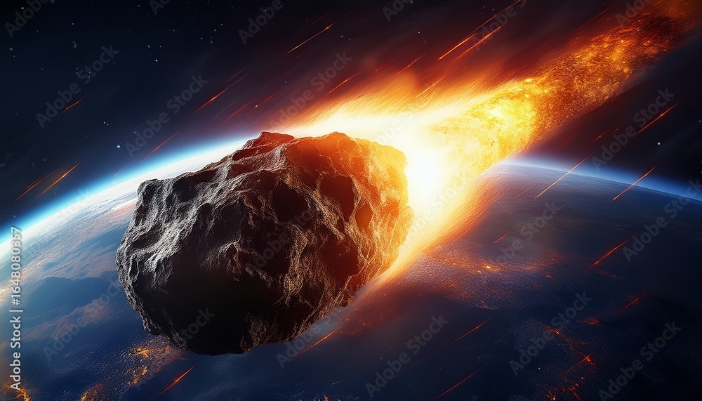 Fototapeta premium massive asteroid hurtling toward earth from space fiery trail behind apocalyptic asteroid collision and planetary extinction threat