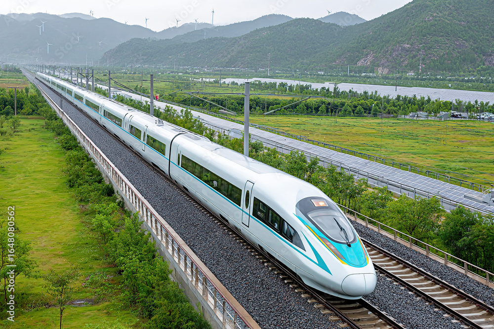 Fototapeta premium High-speed train travels through green landscape near mountains on a clear day