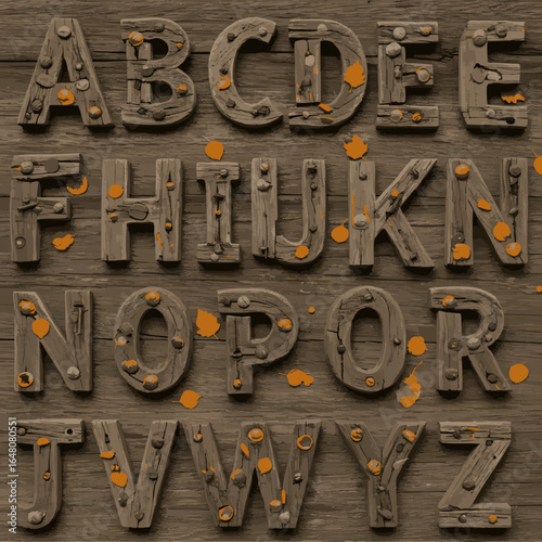 A rustic alphabet crafted from weathered wood planks, adorned with metal nails and autumn leaves, a unique 3D typography concept.